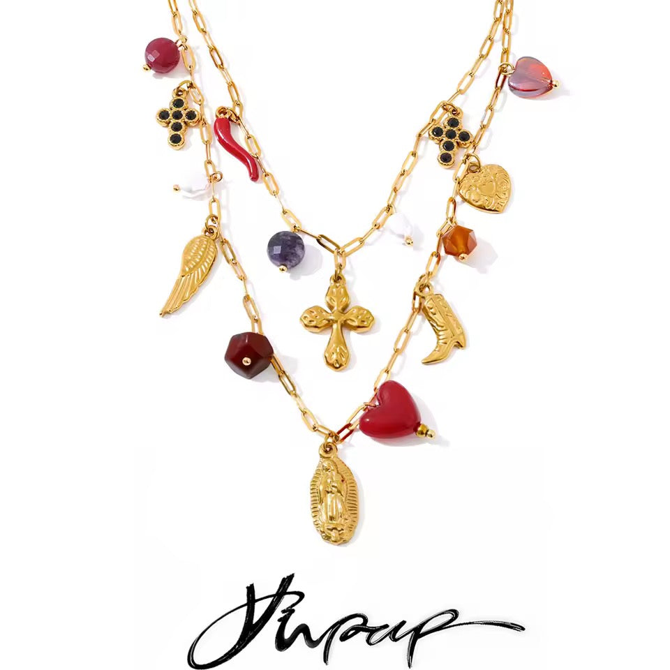 Collier bohème doré multi-breloques avec croix