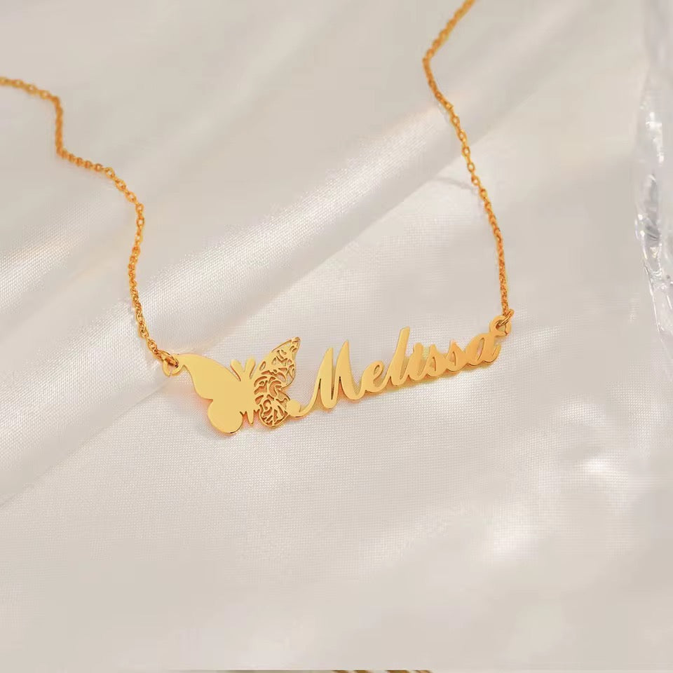 Collier papillon personnalisé avec prénom-plaqué or 14k