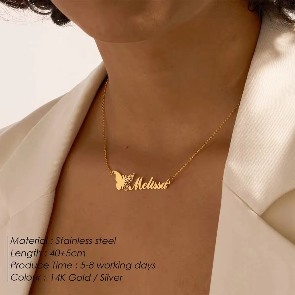 Collier papillon personnalisé avec prénom-plaqué or 14k