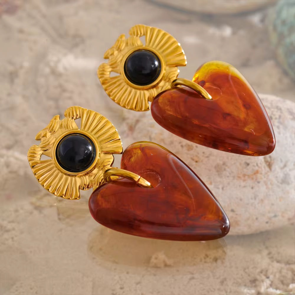 Boucles d’oreilles tendance plaqué or 18k coeur ambré