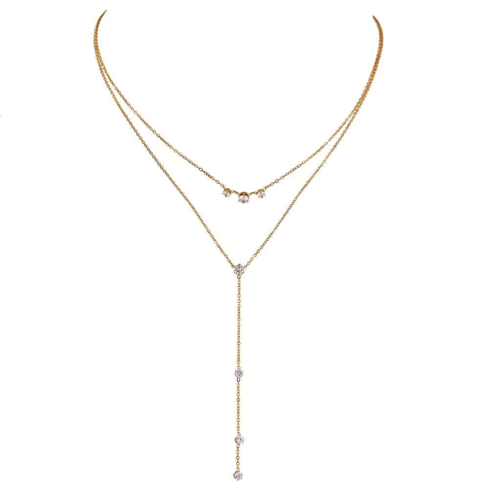 Collier Double Rang Doré Lariat & Cristaux