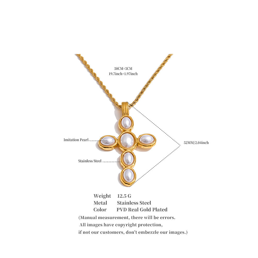 collier croix femme plaqué or perles blanches , chaine torsadé - DayanaBijoux