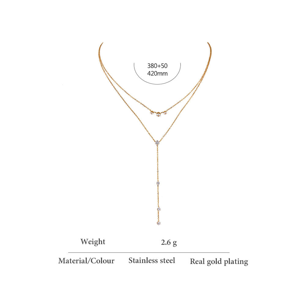 Collier Double Rang Doré Lariat & Cristaux
