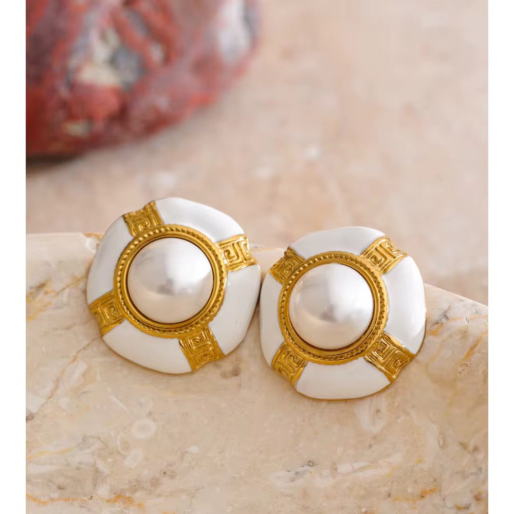 Boucles d’oreilles vintage perle &  émail coloré
