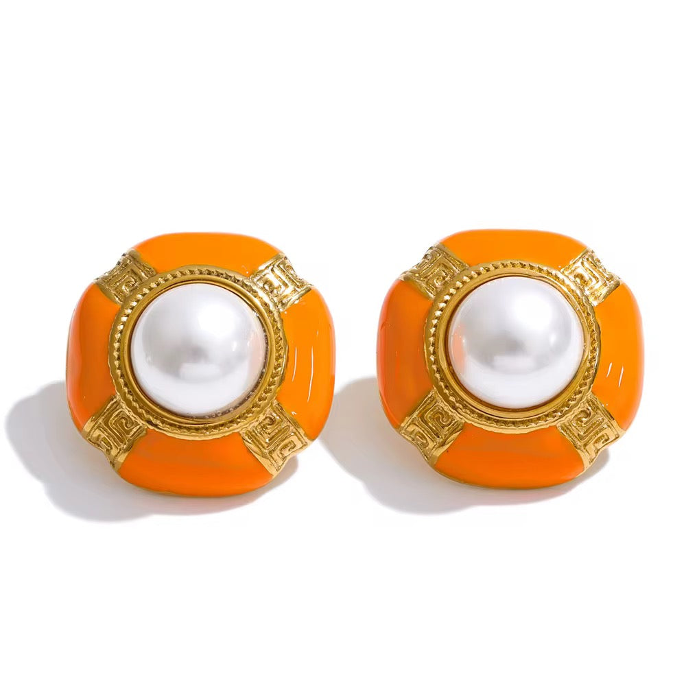 Boucles d’oreilles vintage perle &  émail coloré