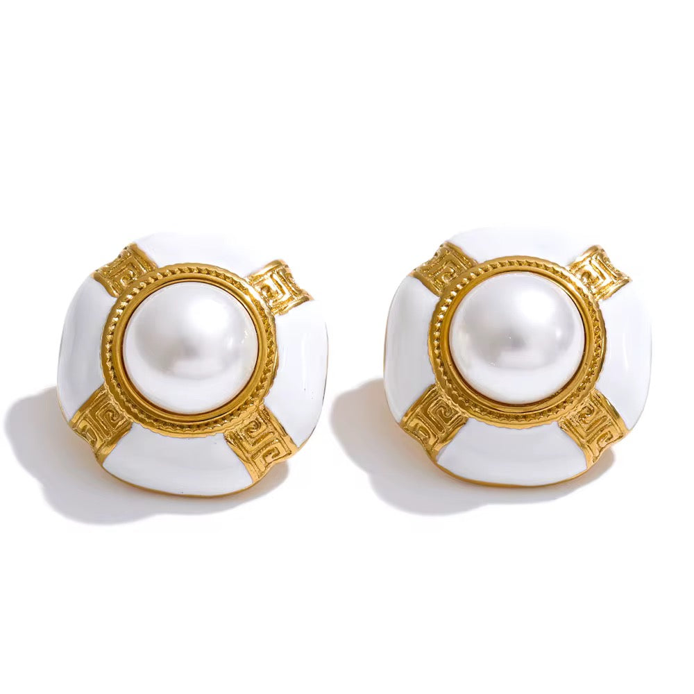 Boucles d’oreilles vintage perle &  émail coloré