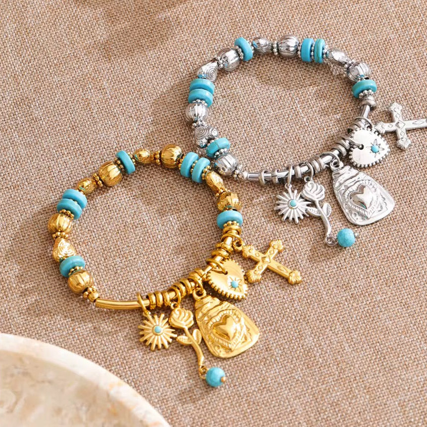 Bracelet charms turquoise croix doré plaqué or