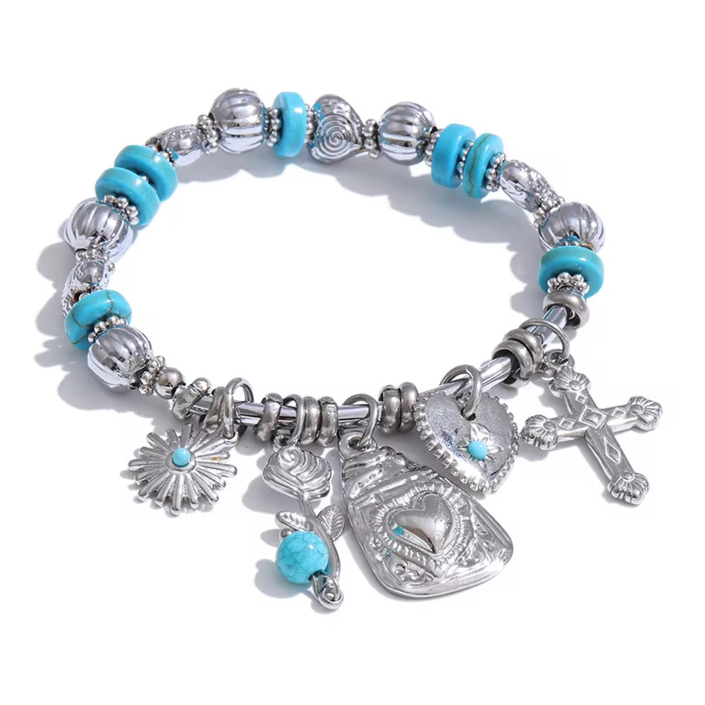 Bracelet religieux bleu turquoise plaqué or