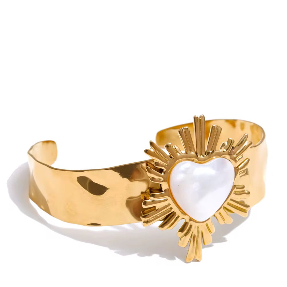 Bracelet Manchette Femme Plaqué Or 18K – Cœur Nacré